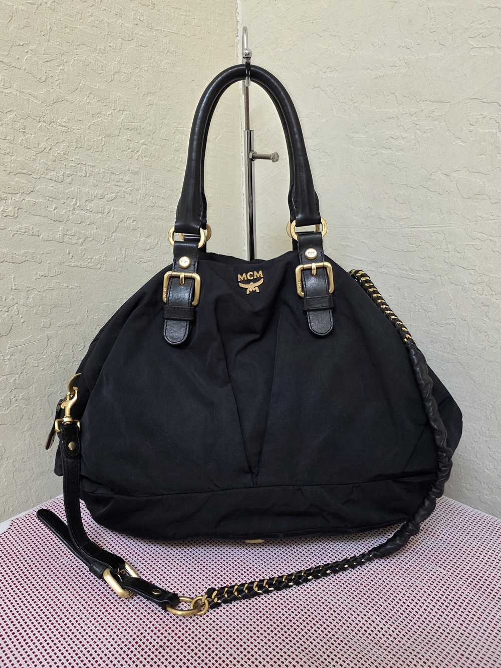 MCM Black Nylon Italy With Long Handle Handbag Satchel AUTHENTIC